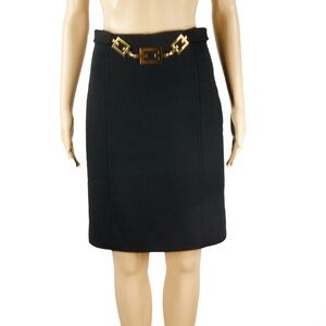 Milly of New York Black Gold Chain Accent Detail Wool Midi Skirt